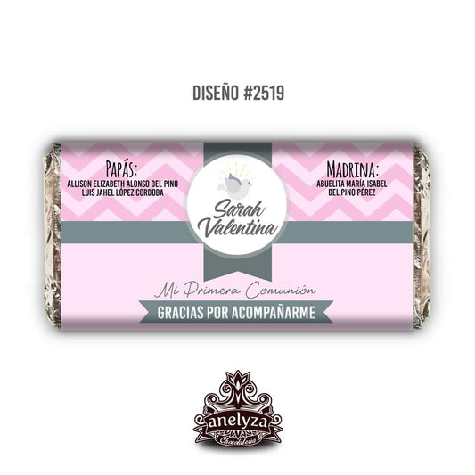 BARRAS DE CHOCOLATE PERSONALIZADAS DISEÑO #2519 ROSA BAUTIZO/PRIMERA COMUNIÓN