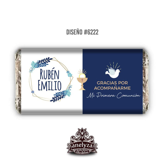 BARRAS DE CHOCOLATE PERSONALIZADAS DISEÑO #6222 AZUL BAUTIZO/PRIMERA COMUNIÓN