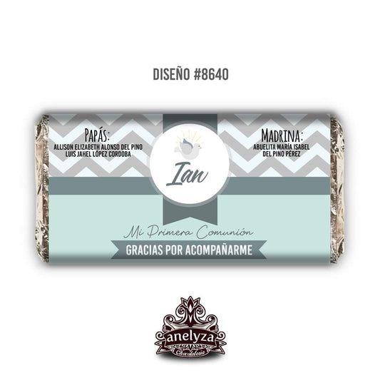 BARRAS DE CHOCOLATE PERSONALIZADAS DISEÑO #8640 VERDE MENTA BAUTIZO/PRIMERA COMUNIÓN