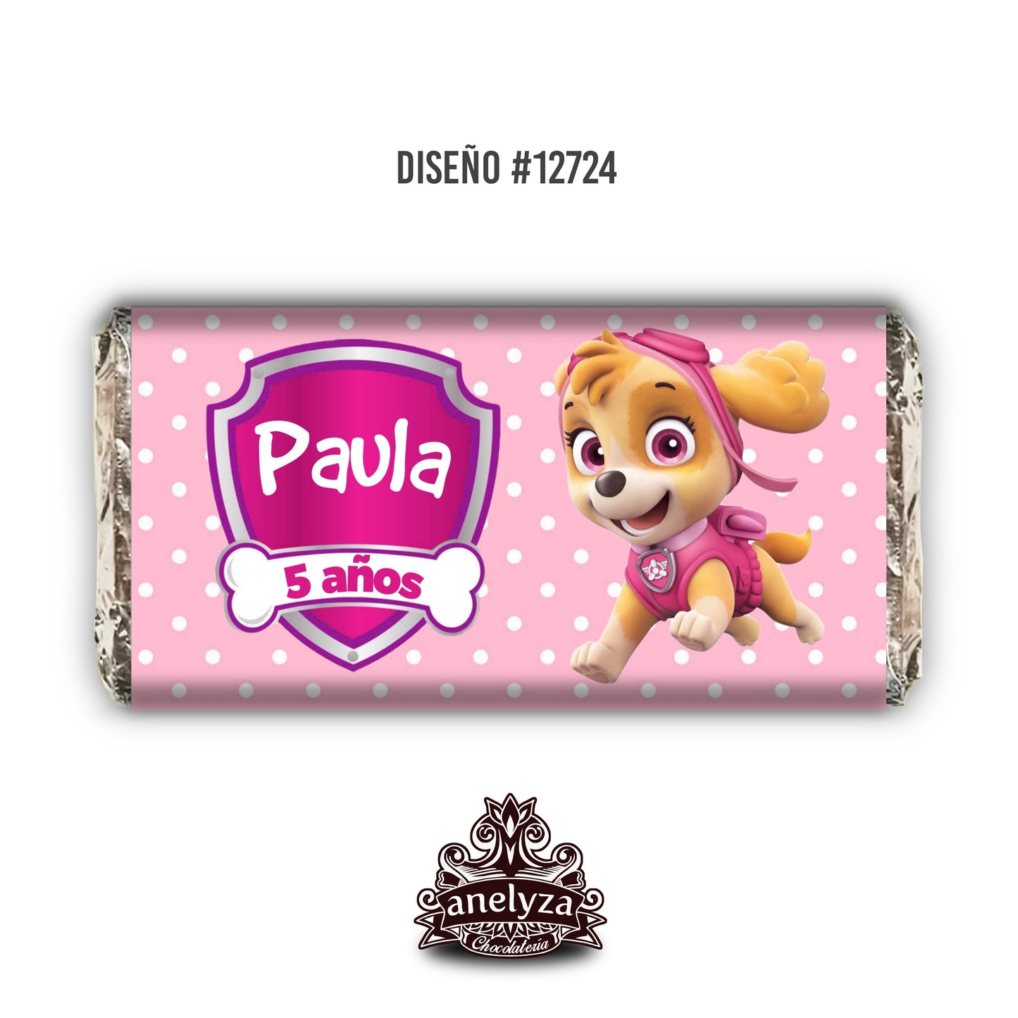 BARRAS DE CHOCOLATE PERSONALIZADAS DISEÑO #12724 SKYE PAW PATROL FIESTAS INFANTILES