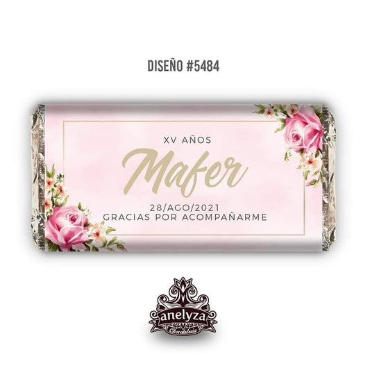 BARRAS DE CHOCOLATE PERSONALIZADAS DISEÑO #5484 FLORES ROSA XV AÑOS 15 AÑOS