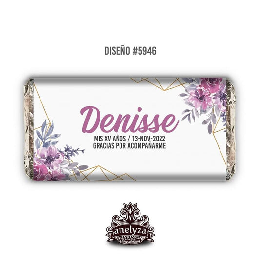 BARRAS DE CHOCOLATE PERSONALIZADAS DISEÑO #5946 FLORES MORADO XV AÑOS 15 AÑOS