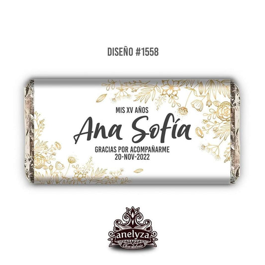 BARRAS DE CHOCOLATE PERSONALIZADAS DISEÑO #1558 HOJAS DORADAS XV AÑOS