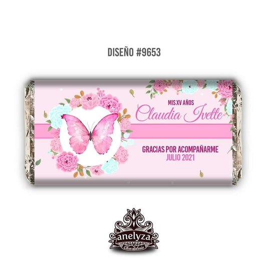 BARRAS DE CHOCOLATE PERSONALIZADAS DISEÑO #9653 FLORES ROSA XV AÑOS MARIPOSA