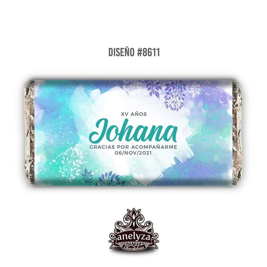 BARRAS DE CHOCOLATE PERSONALIZADAS DISEÑO #8611 ACUARELA AZUL MORADO XV AÑOS