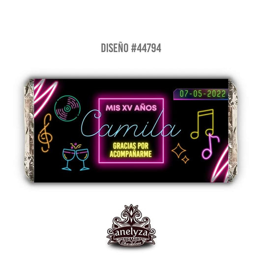 BARRAS DE CHOCOLATE PERSONALIZADAS DISEÑO #44794 NEON XV AÑOS