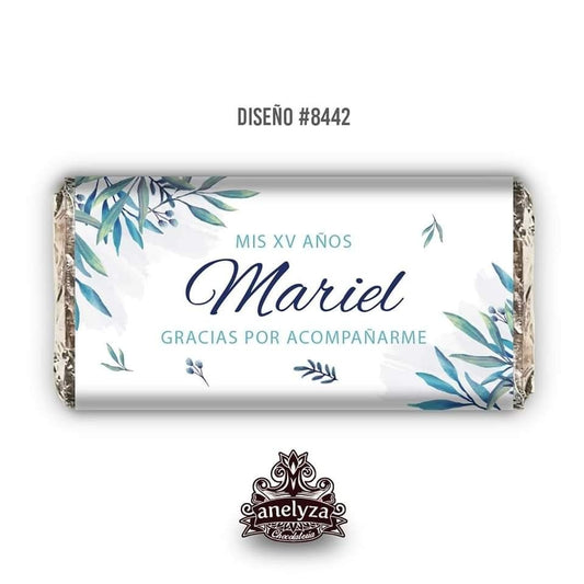 BARRAS DE CHOCOLATE PERSONALIZADAS DISEÑO #8442 HOJAS AZUL XV AÑOS