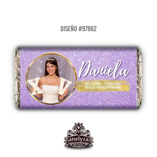 BARRAS DE CHOCOLATE PERSONALIZADAS DISEÑO #97862 XV AÑOS FOTO GLITTER MORADO LILA