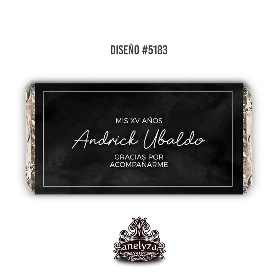 BARRAS DE CHOCOLATE PERSONALIZADAS DISEÑO #5183 NEGRO PLATA XV AÑOS