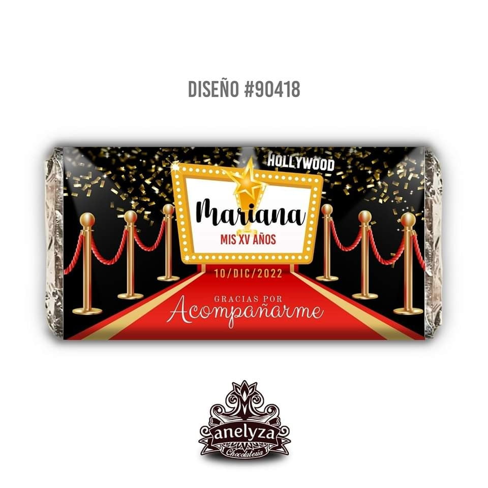BARRAS DE CHOCOLATE PERSONALIZADAS DISEÑO #90418 HOLLYWOOD XV AÑOS