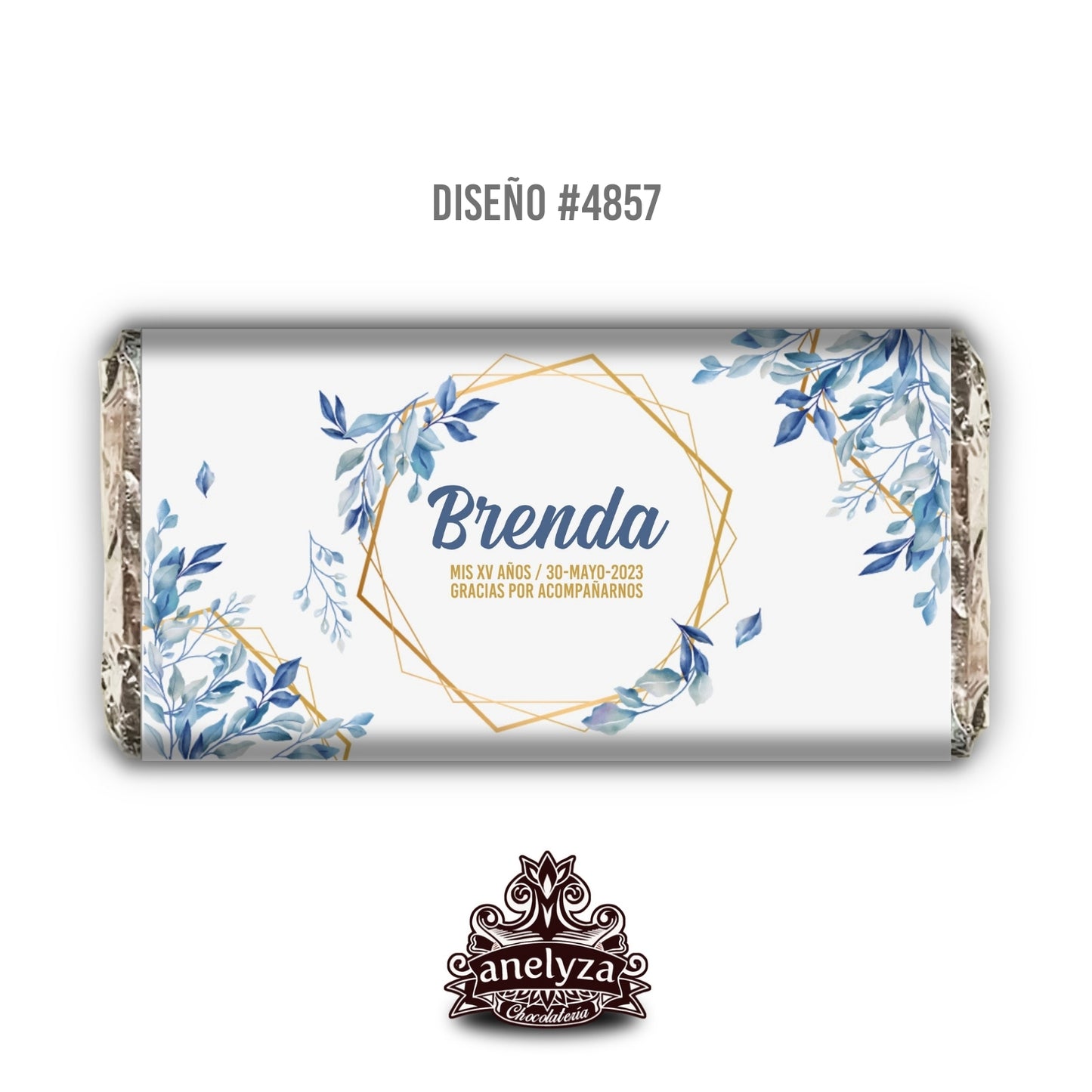 BARRAS DE CHOCOLATE PERSONALIZADAS DISEÑO #4857 HOJAS AZULES XV AÑOS