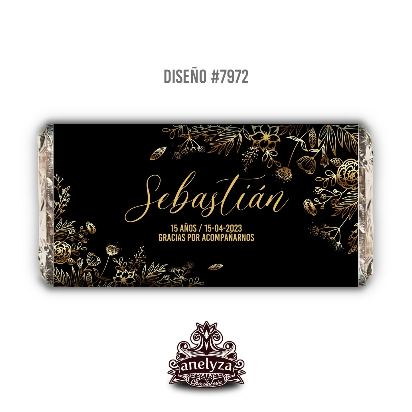 BARRAS DE CHOCOLATE PERSONALIZADAS DISEÑO #7972 NEGRO Y DORADO XV AÑOS