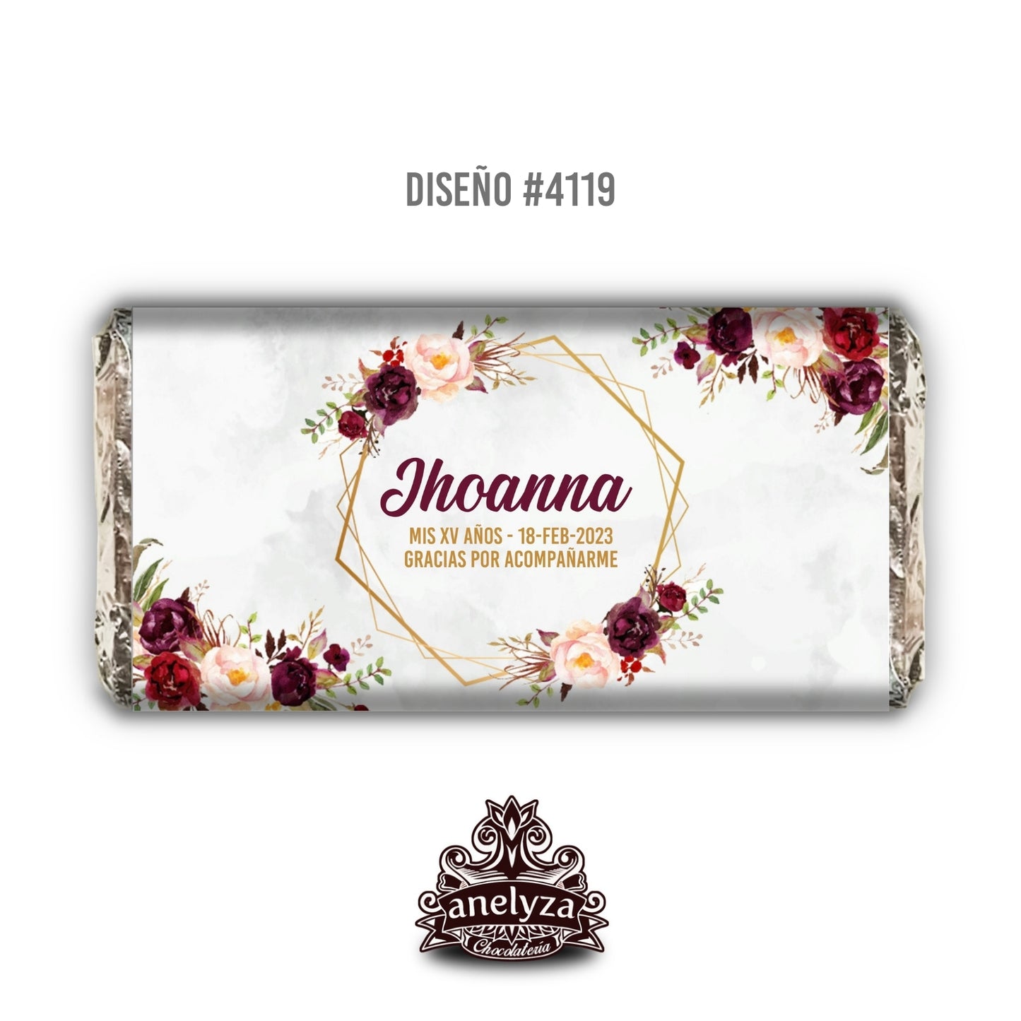 BARRAS DE CHOCOLATE PERSONALIZADAS DISEÑO #4119 XV AÑOS