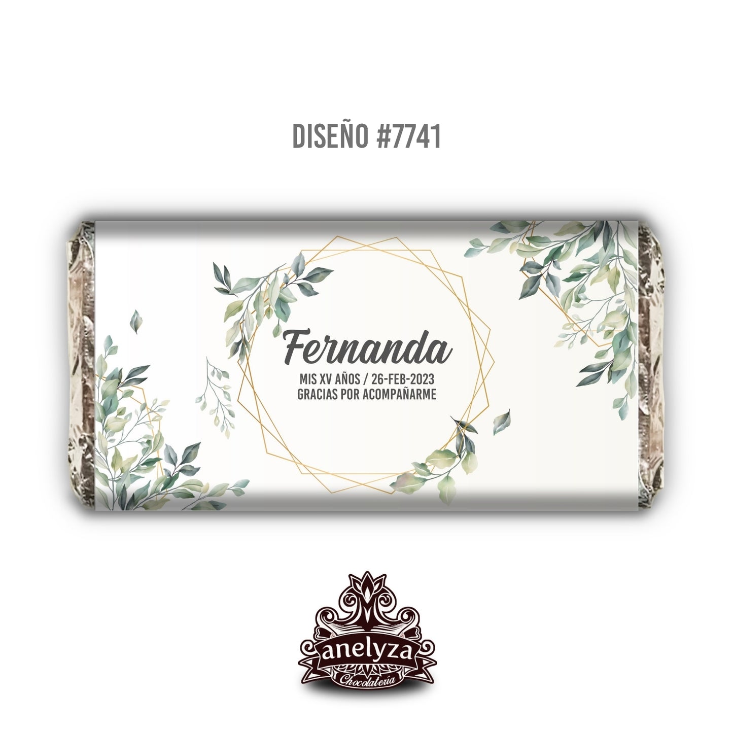 BARRAS DE CHOCOLATE PERSONALIZADAS DISEÑO #7741 HOJAS VERDES XV AÑOS