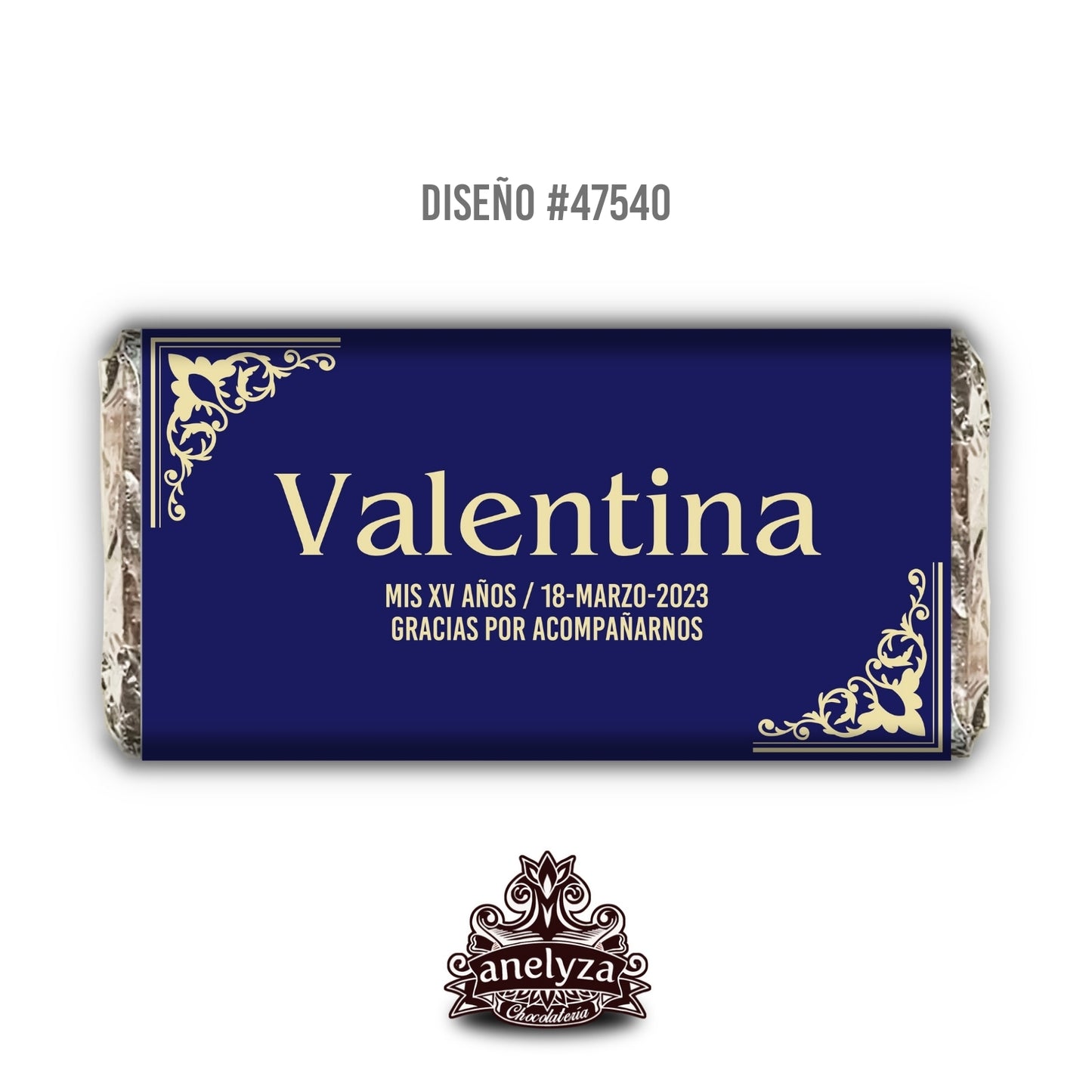 BARRAS DE CHOCOLATE PERSONALIZADAS DISEÑO #47540 XV AÑOS AZUL REY CON DORADO