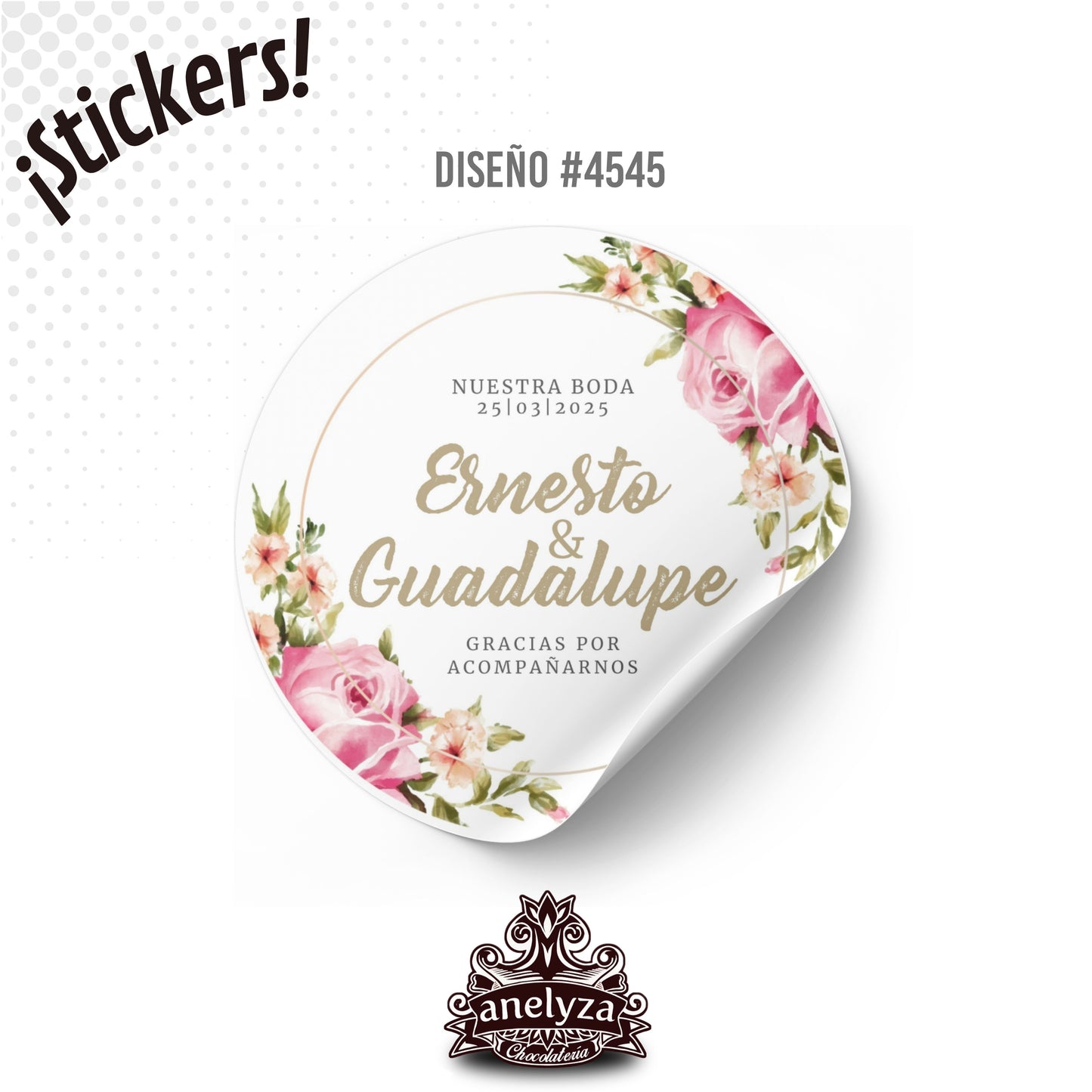 100 STICKERS CIRCULARES PERSONALIZADOS DISEÑO #4545 ROSAS CON DORADO BODAS