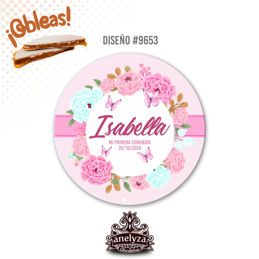 20 OBLEAS RELLENAS PERSONALIZADAS DISEÑO #9653 FLORES ROSA PRIMERA COMUNIÓN