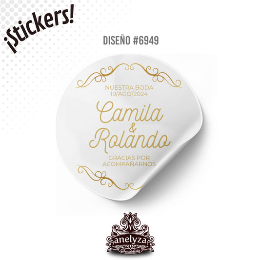 100 STICKERS CIRCULARES PERSONALIZADOS DISEÑO #6949 FONDO BLANCO CON DORADO BODAS