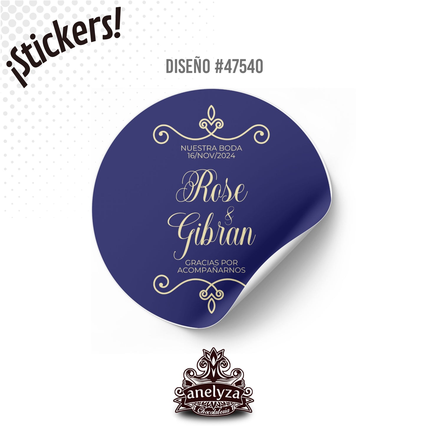 100 STICKERS CIRCULARES PERSONALIZADOS DISEÑO #47540 AZUL REY CON DORADO BODAS