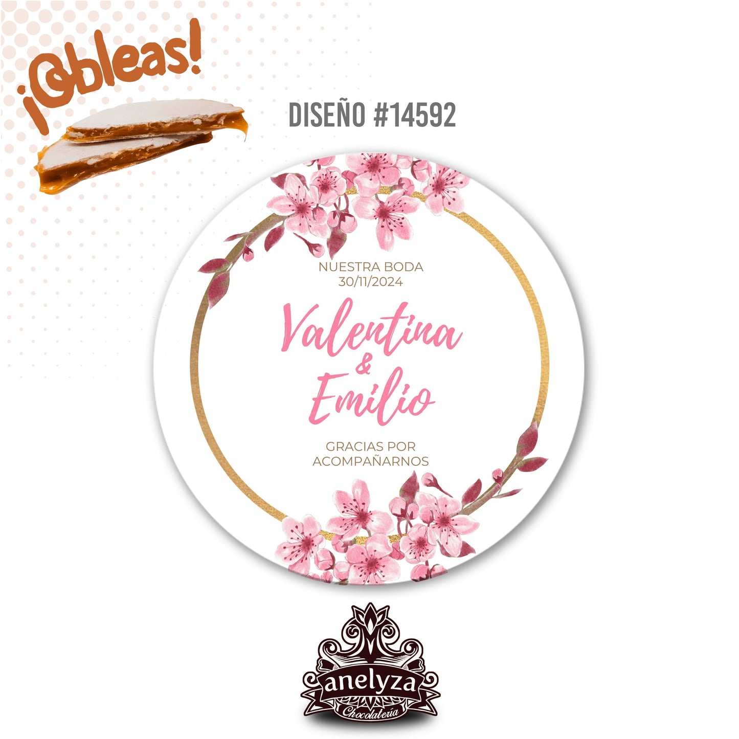 20 OBLEAS RELLENAS PERSONALIZADAS DISEÑO #14592 FLOR DE CEREZO BODAS