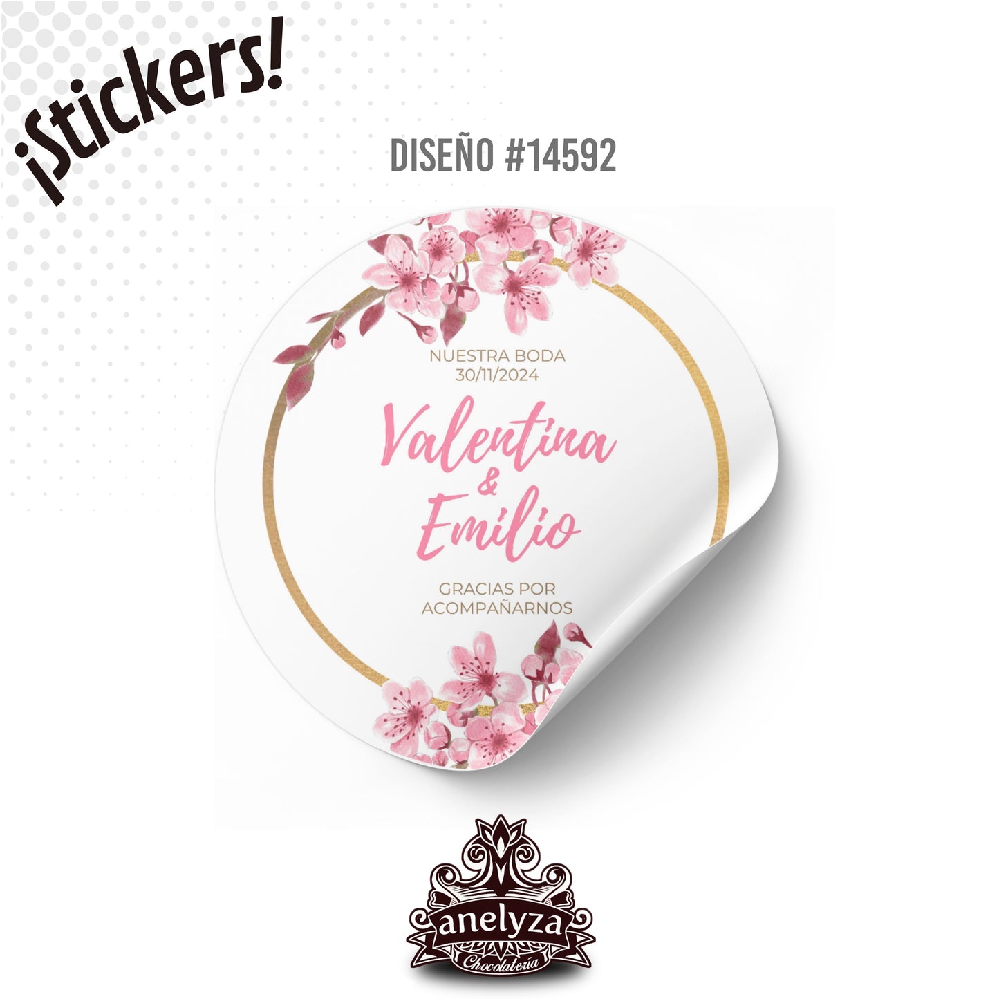 100 STICKERS CIRCULARES PERSONALIZADOS DISEÑO #14592 FLOR DE CEREZO BODAS