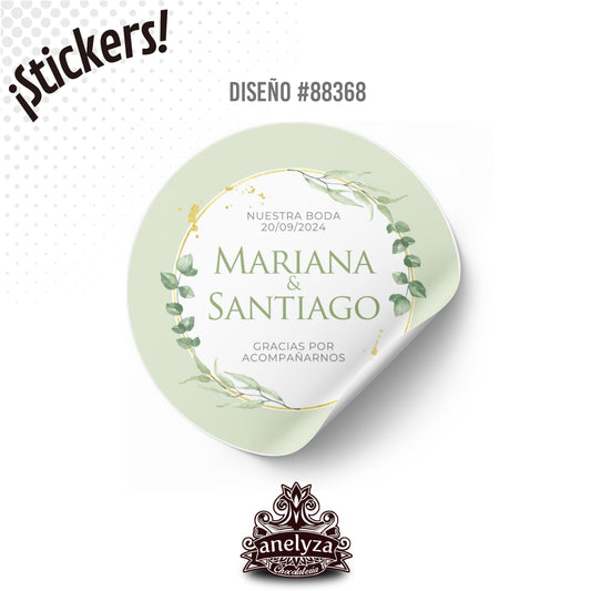 100 STICKERS CIRCULARES PERSONALIZADOS DISEÑO #88368 VERDE MENTA BODAS