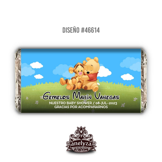BARRAS DE CHOCOLATE PERSONALIZADAS DISEÑO #46614 WINNIE POOH TIGGER GEMELOS NACIMIENTO / BABY SHOWER