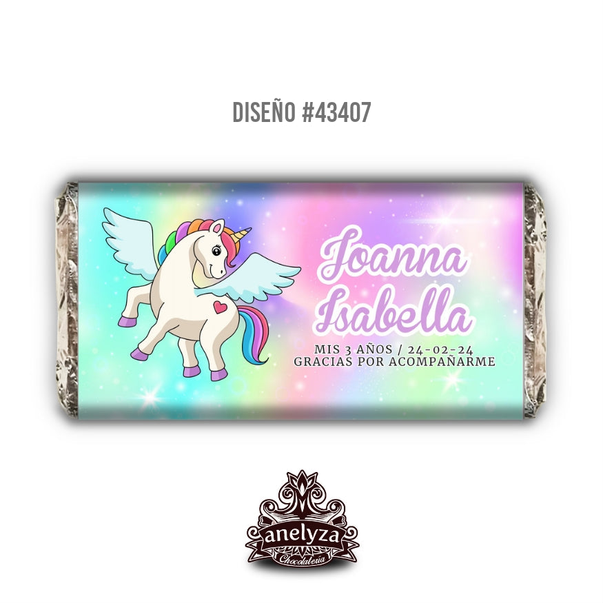 20 BARRAS DE CHOCOLATE PERSONALIZADAS DISEÑO #43407 UNICORNIO FIESTAS INFANTILES