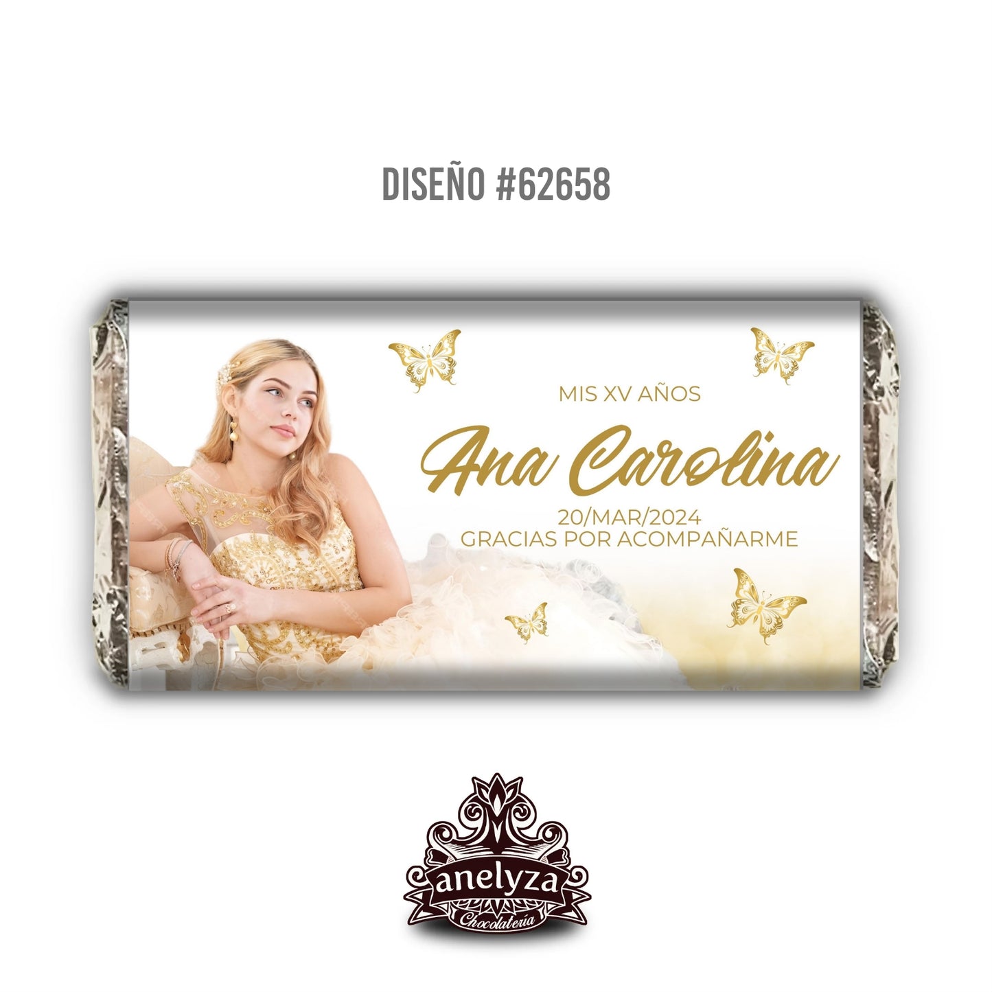 20 BARRAS DE CHOCOLATE PERSONALIZADAS DISEÑO #62658 BLANCO CON DORADO Y MARIPOSAS CON TU FOTO XV AÑOS