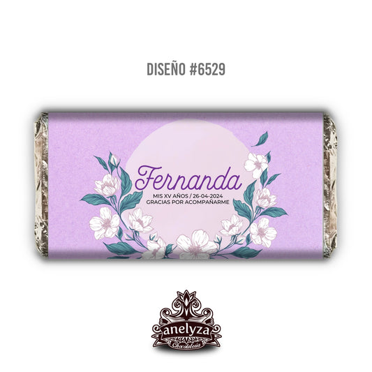 20 BARRAS DE CHOCOLATE PERSONALIZADAS DISEÑO #6529 FLORES LILA XV AÑOS