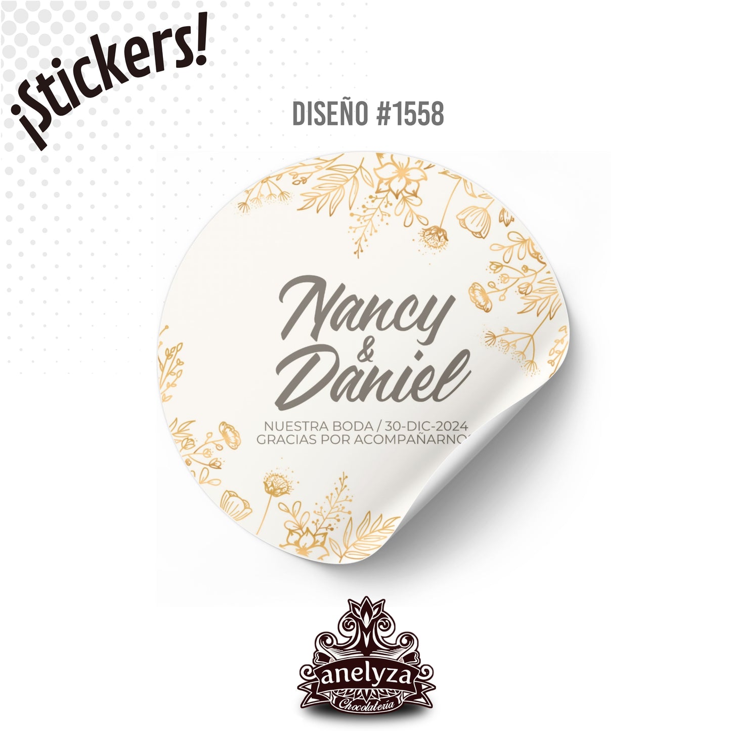 100 STICKERS CIRCULARES PERSONALIZADOS DISEÑO #1558 FLORES CON DORADO BODAS