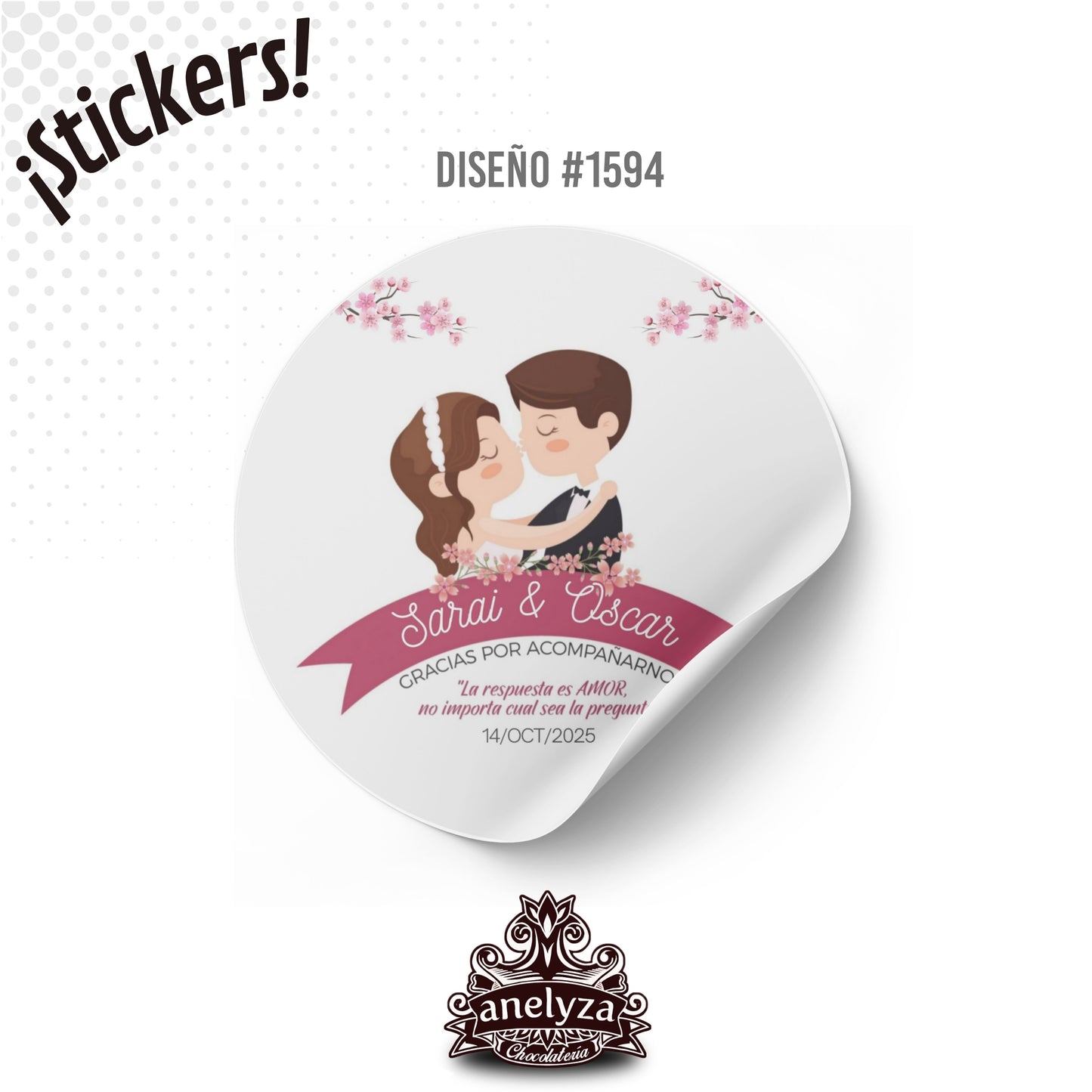 100 STICKERS CIRCULARES PERSONALIZADOS DISEÑO #1594 DIBUJO CASADOS BODAS