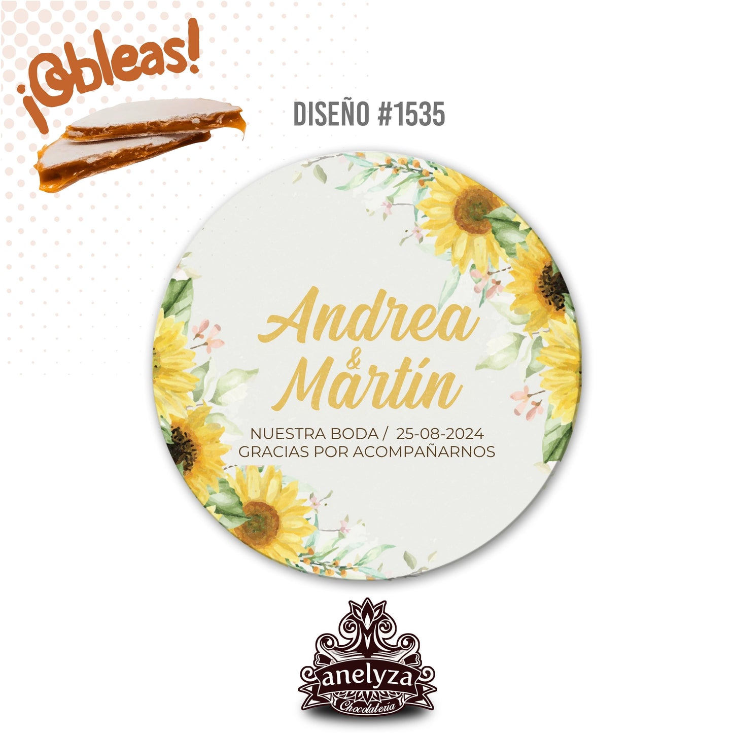 20 OBLEAS RELLENAS PERSONALIZADAS DISEÑO #1535 GIRASOLES BODAS