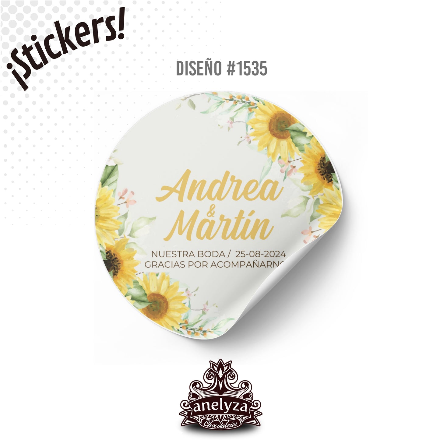 100 STICKERS CIRCULARES PERSONALIZADOS DISEÑO #1535 GIRASOLES BODAS