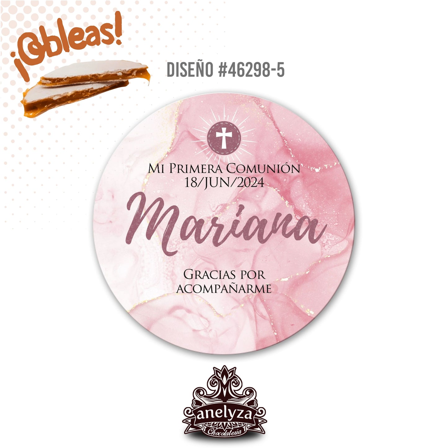 20 OBLEAS RELLENAS PERSONALIZADAS DISEÑO #46298-5 MARMOL ROSA ROSE GOLD PRIMERA COMUNIÓN