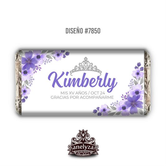 20 BARRAS DE CHOCOLATE PERSONALIZADAS DISEÑO #7850 XV AÑOS LILA MORADO