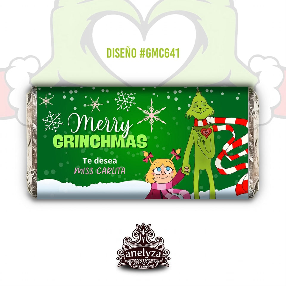 20 BARRAS DE CHOCOLATE PERSONALIZADAS DISEÑO #GMC641 GRINCH NAVIDAD