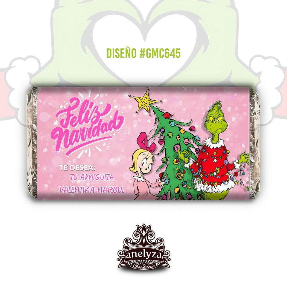 20 BARRAS DE CHOCOLATE PERSONALIZADAS DISEÑO #GMC645 GRINCH NAVIDAD