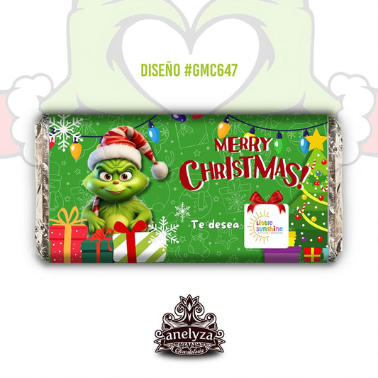 20 BARRAS DE CHOCOLATE PERSONALIZADAS DISEÑO #GMC647 GRINCH NAVIDAD