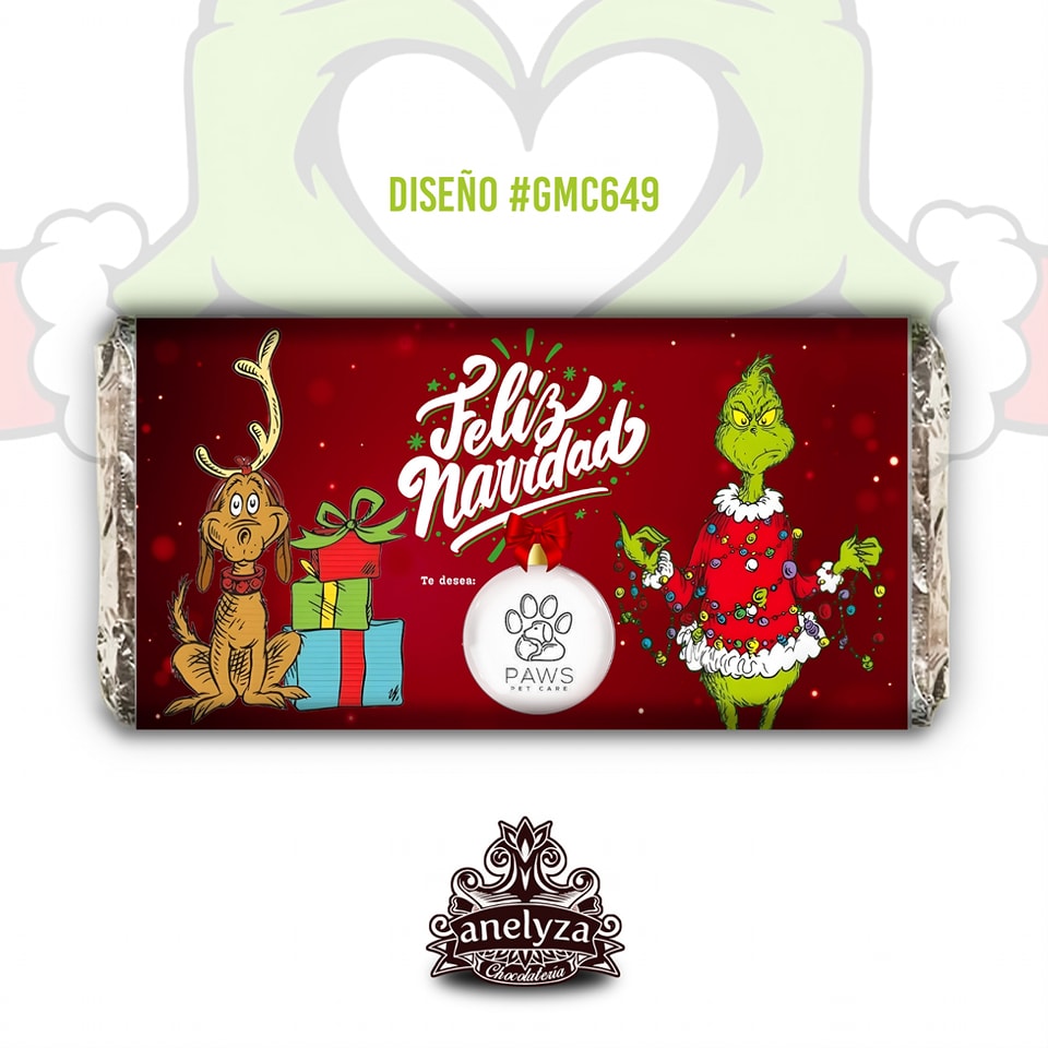 20 BARRAS DE CHOCOLATE PERSONALIZADAS DISEÑO #GMC649 GRINCH NAVIDAD