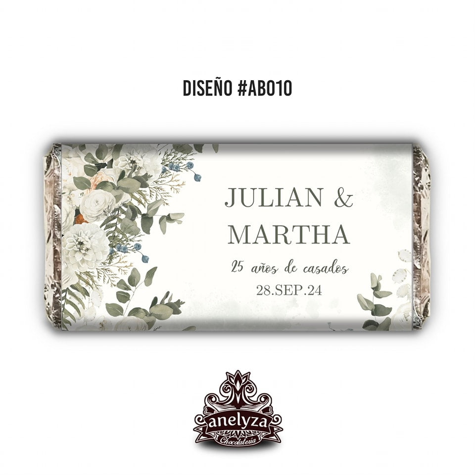 20 BARRAS DE CHOCOLATE PERSONALIZADAS DISEÑO #AB010 ANIVERSARIO DE BODAS