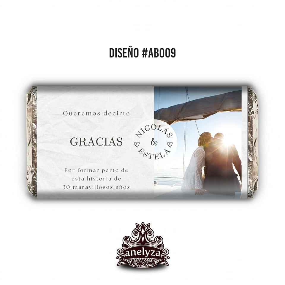 20 BARRAS DE CHOCOLATE PERSONALIZADAS DISEÑO #AB009 ANIVERSARIO DE BODAS CON FOTO