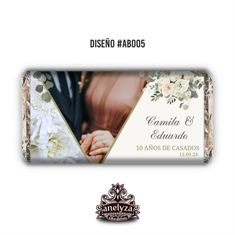 20 BARRAS DE CHOCOLATE PERSONALIZADAS DISEÑO #AB005 ANIVERSARIO DE BODAS CON FOTO