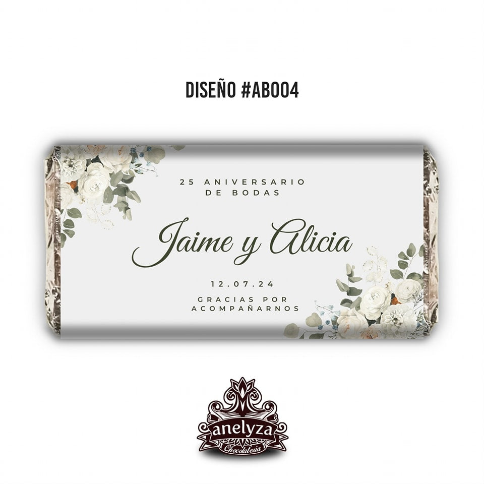 20 BARRAS DE CHOCOLATE PERSONALIZADAS DISEÑO #AB004 ANIVERSARIO DE BODAS