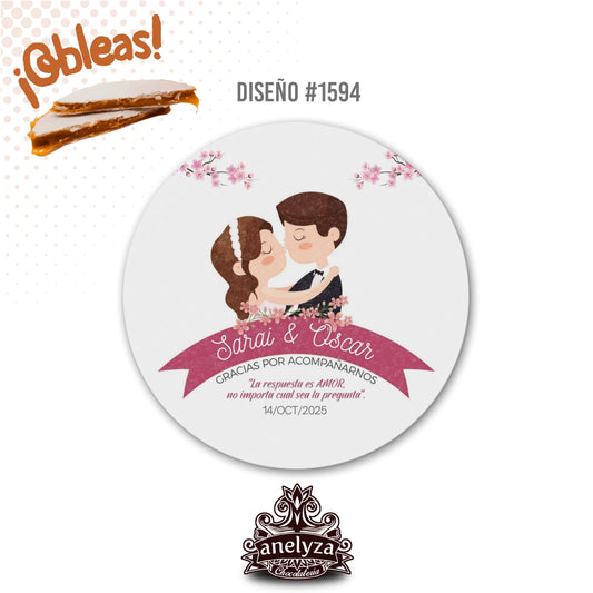 20 OBLEAS RELLENAS PERSONALIZADAS DISEÑO #1594 DIBUJO CASADOS BODAS