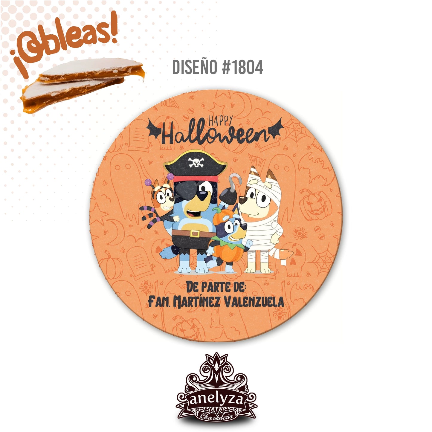 20 OBLEAS RELLENAS PERSONALIZADAS DISEÑO #1804 HALLOWEEN BLUEY