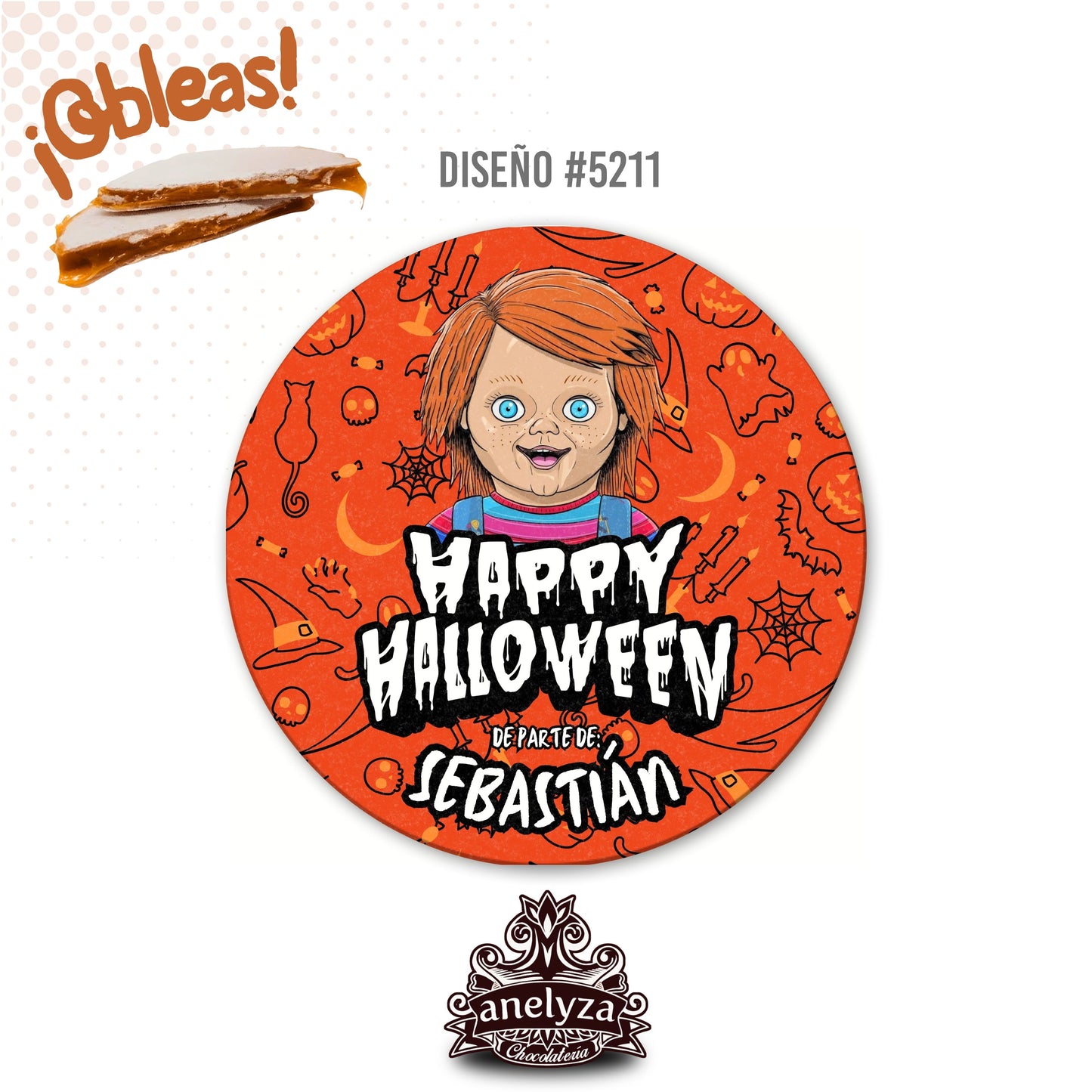 20 OBLEAS RELLENAS PERSONALIZADAS DISEÑO #5211 HALLOWEEN CHUCKY