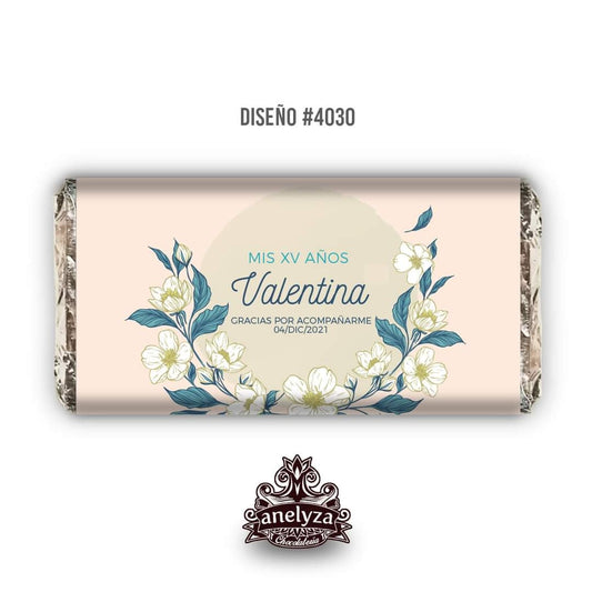 BARRAS DE CHOCOLATE PERSONALIZADAS DISEÑO #4032 FONDO ROSA FLORES XV AÑOS