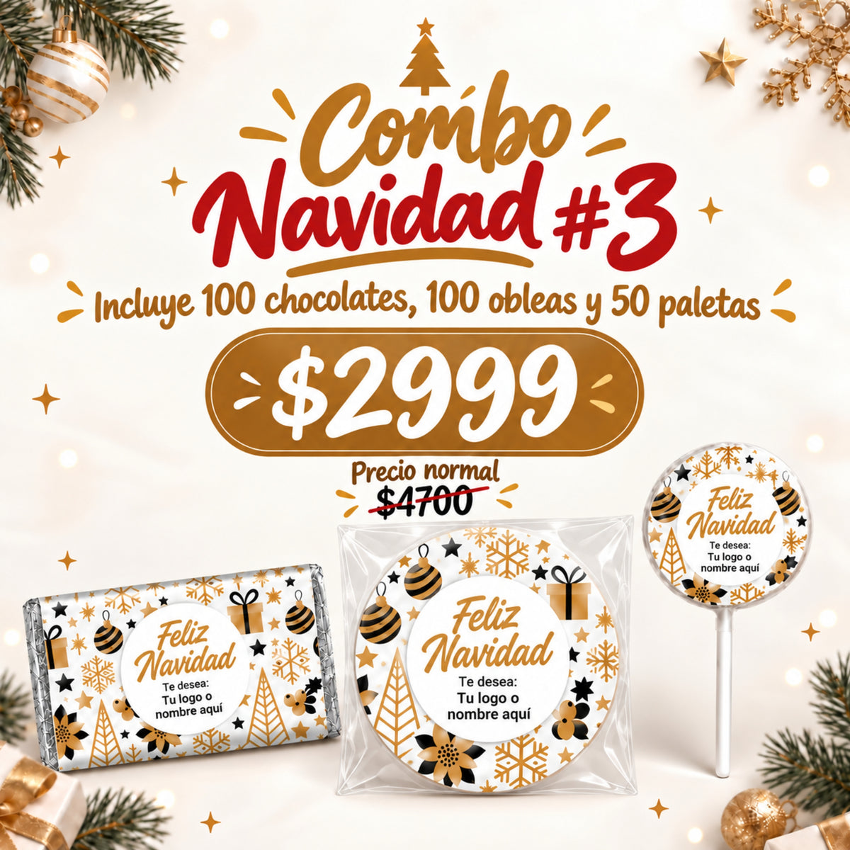 COMBO NAVIDEÑO #3 100 CHOCOLATES 8X4 CMS, 100 0BLEAS DE CAJETA, 50 PALETAS