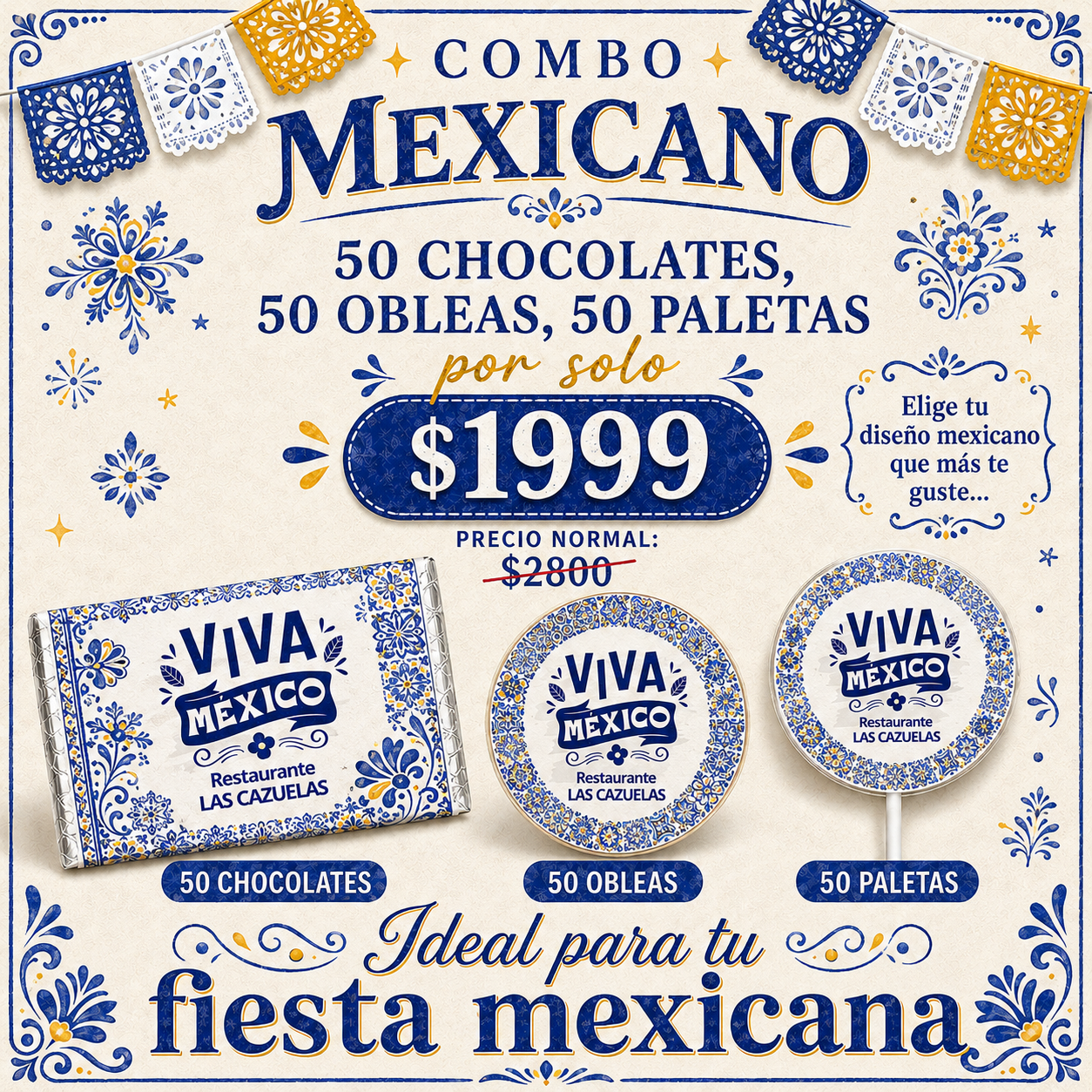 ¡COMBO MEXICANO! Contiene 50 chocolates 8x4 cms, 50 0bleas rellenas de cajeta y 50 paletas.